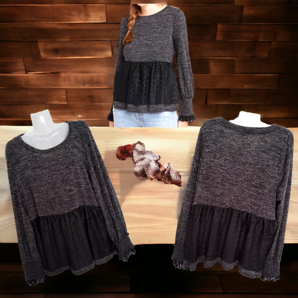 ANTHROPOLOGIE RO+DE Black/Gray Amirah Lace Long Smocked Cuff Sleeve Top XL - Picture 15 of 16